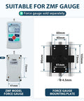 Manual Force Gauge Test Stand With Hand Wheel Operation 9.8 Inch Stroke, Compatible With ZMF Force Gauge, Includes Rock Solid Mounting Plates 41x73 Mm And 40x90 Mm For Stable, Precise Readings. ZMF gauge mounting plate and force gauge dimensions shown.