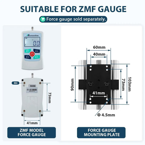 Manual Force Gauge Test Stand With Hand Wheel Operation 9.8 Inch Stroke, Compatible With ZMF Force Gauge, Includes Rock Solid Mounting Plates 41x73 Mm And 40x90 Mm For Stable, Precise Readings. ZMF gauge mounting plate and force gauge dimensions shown.