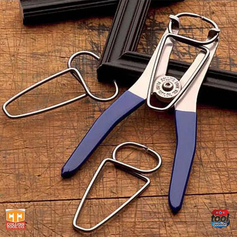 Spring Loaded Pliers And 4 Miter Clamp Kit Pro Grade Hand Tool Set with blue handles on a wooden surface.