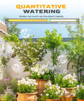 Smart WiFi Hose Timer With Brass Inlet And Dual Outlet Sprinkler Controller Weather Based Auto Irrigation That Skips Rainy Days App And Voice Control Soil Moisture Or Quantity Sensing For Your Yard. Quantitative watering chart over potted flowers.