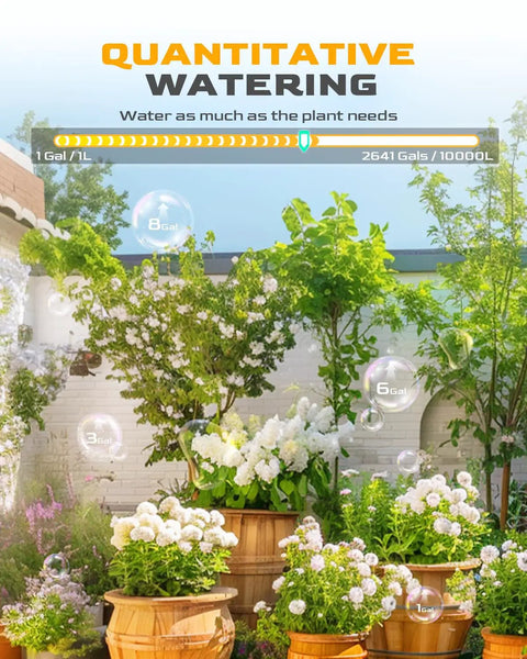 Smart WiFi Hose Timer With Brass Inlet And Dual Outlet Sprinkler Controller Weather Based Auto Irrigation That Skips Rainy Days App And Voice Control Soil Moisture Or Quantity Sensing For Your Yard. Quantitative watering chart over potted flowers.