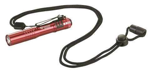 Ultra Compact EDC LED Flashlight With 45 Lumens And 420 Candela, red casing, with black pocket clip and attached cord lanyard