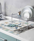 Blue Starfish Shell Conch Wood Grain Dish Drying Mat For Kitchen Counter Super Fast-Drying Ultra Absorbent Microfiber Drainer Pad