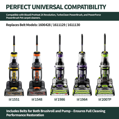 Ultimate 3In1 Belt Replacement Kit For Bissell ProHeat 2X Revolution Pet Carpet Cleaners Fits Models 1986 1548 1551 2007 And More Replaces Parts 1606428 1611129 1611130 With Flat Pump Brush Gear Belts Included, compatible models 1551 1548 1986 1964 2007P