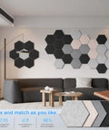 Flex Ready Hexagon Acoustic Panels 12 Pack Self Adhesive Sound Deadening Foam Wall Tiles Flame Resistant Noise Absorbing Echo Killer Room Accent setup in a modern living space.