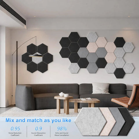 Hustle Free Peel And Stick Hexagon Acoustic Panels Self Adhesive Sound Deadening Foam Tiles displayed on a modern living room wall.