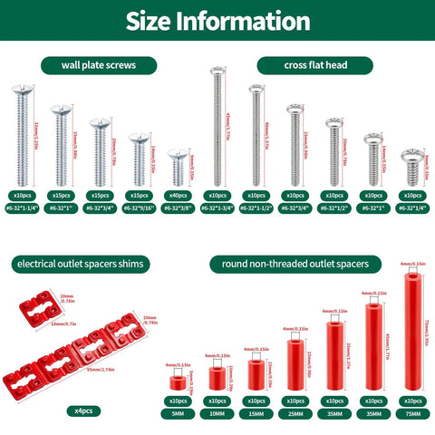 Size information for Hella Sturdy 304 Stainless Steel Outlet Box Extender Kit with screws and spacers for wall installation.