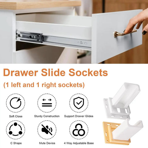 Easy Fit Drawer Slide Socket Set For Cabinets And RVs with C shaped brackets and adjustable base, shown with open drawer.