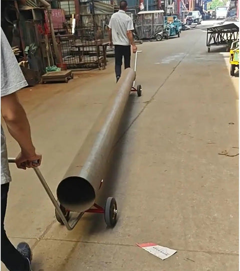 Heavy Duty Pipe Dolly Two Piece Roller Cart For Steel And Fire Pipes With 2200 Pound Capacity hauling a steel pipe down a street.