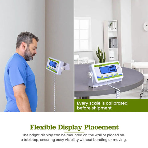 Man using Beefy 440 Lb Capacity Extra Wide Medical Scale With Bariatric Use, Heavy Duty Digital Display, mounted on wall.