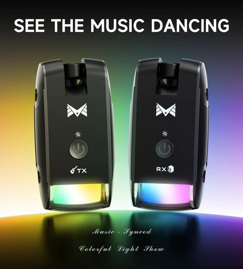 RGB Lighting Wireless Guitar System With 230 Ft Range For Guitars And Basses, transmitter and receiver with colorful lighting