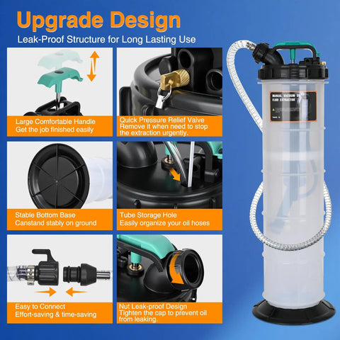 Heavy Duty Manual Oil Extractor Pump With 9L Spill Free Jug For Quick Fluid Drainage And Coolant Swaps features ergonomic handle and leak-proof design.