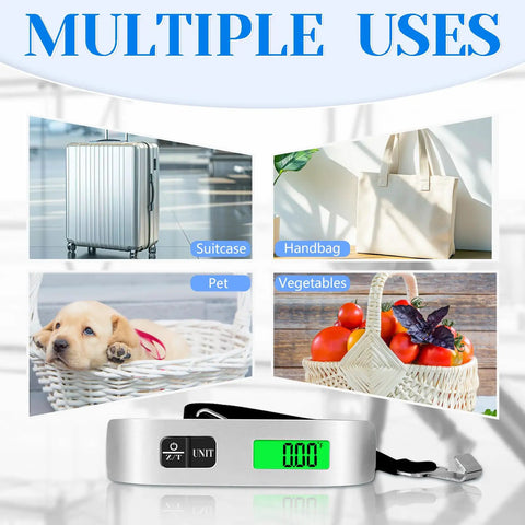 110 Pound Luggage Weight Scale With Four Unit Switching And LED Display, showcasing diverse uses for travel and everyday items.