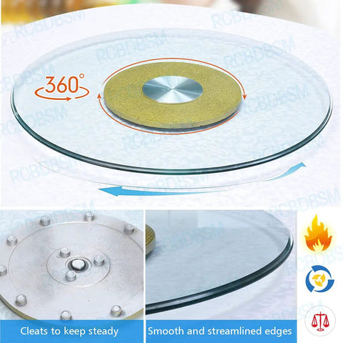 Rotating Glass Lazy Susan Turntable For 24 To 47 Inch Tables, 360 Degree Tabletop Serving Plate, gold finish, detail of base and edge