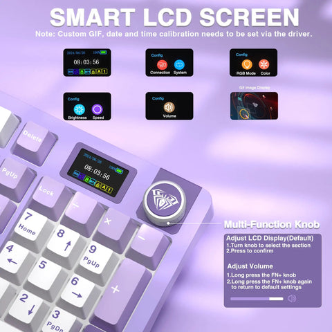 Slick Wireless Mechanical Gaming Keyboard With Smart Lcd Screen displaying settings and multi-function knob for easy adjustments.