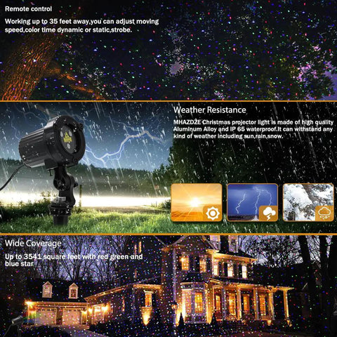 Outdoor RGB Laser Lights Projector for Christmas decorations, waterproof garden with moving and static modes, remote control and timer.