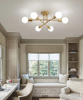 Gold Modern Sputnik Chandelier With Six Lights Dope Look Industrial Metal Semi Flush Mount Ceiling Light in living room