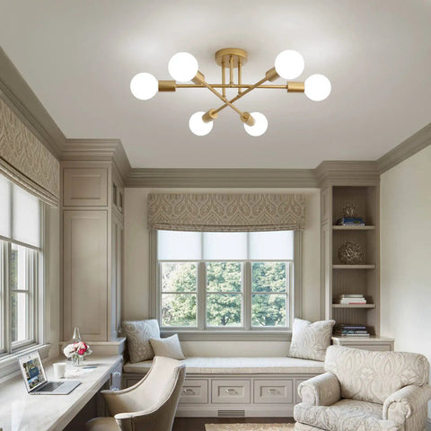 Gold Modern Sputnik Chandelier With Six Lights Dope Look Industrial Metal Semi Flush Mount Ceiling Light in living room