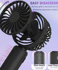 Close-up of Four Pack USB Rechargeable Mini Handheld Fans Set with 3 Speeds, showing black fan disassembly and features.