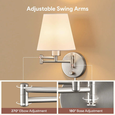 Dope Adjustable Swing Arm Wall Lamp Brushed Nickel With White Fabric Shade Plug In Wall Sconce showing 270° elbow adjustment
