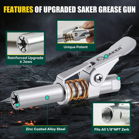 Saker grease gun coupler; zinc-coated alloy steel body; fits 1/8 in NPT fittings; side view.