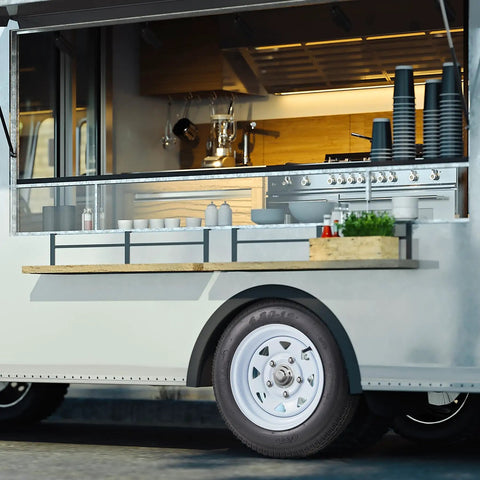 Food truck with 2 Pack 4.80-12 Trailer Tires On 12 Inch Rims With 5 Lug On 4.5 Inch Bolt Pattern 2.95 Inch Center Bore 4.8 Inch Wide Tread