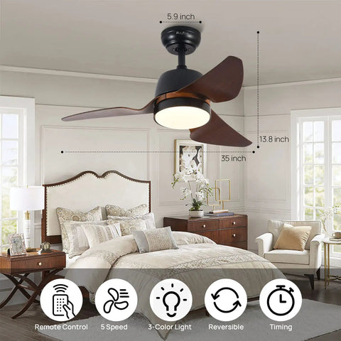 Bedroom with Ultra Quiet DC Motor Ceiling Fan With LED Light For Indoor Outdoor Use, 35 Inch Waterproof IP44, remote control visible