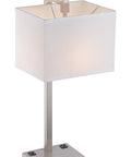 Contento Table Lamp With Polished Steel Finish And Rectangular Off White Fabric Shade Built In Dual Electrical Outlets Modern 27 Inch Tall Desk Lamp For Living Room Or Office