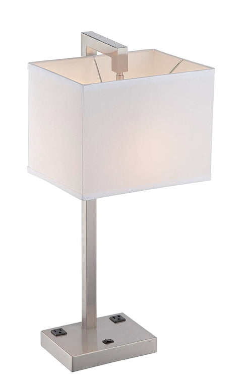 Contento Table Lamp With Polished Steel Finish And Rectangular Off White Fabric Shade Built In Dual Electrical Outlets Modern 27 Inch Tall Desk Lamp For Living Room Or Office