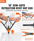 16 Inch semi-auto Rivet Nut Tool Kit in use on metal surface, illustrating bent-arm linkage design and long handle, Vevor brand