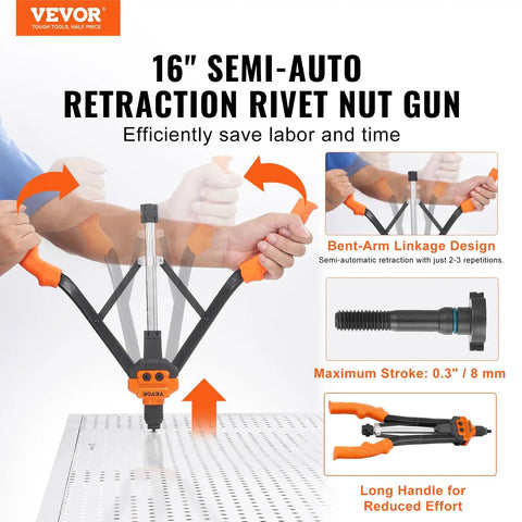 16 Inch semi-auto Rivet Nut Tool Kit in use on metal surface, illustrating bent-arm linkage design and long handle, Vevor brand