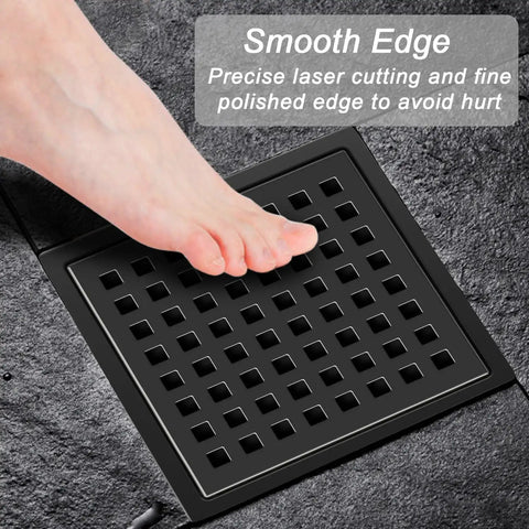 Foot on 6 Inch Square Shower Drain With ABS Flange Base In Matte Black 304 Stainless Steel High Flow Floor Drain Removable Grate.