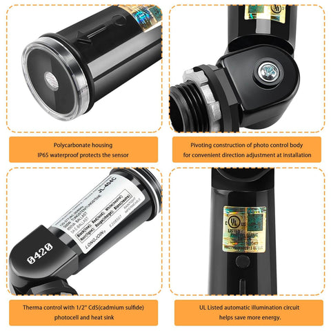 Close-up of Two Pack Dusk To Dawn Outdoor Light Sensor Switch 120-277V Photocell with UL Listed label and IP65 waterproof features