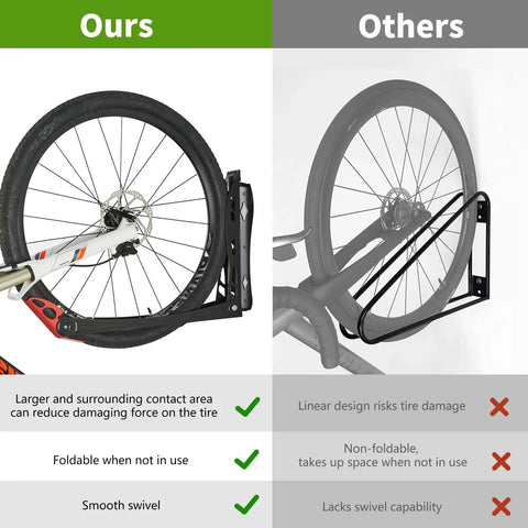 Comparison showing Swivel Bike Rack Set No Lift Wall Mounted Storage For Home And Garage Two Pack with self-adjusting receiver