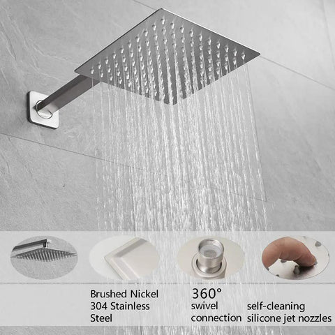 Brushed Nickel Shower System With 8 Inch Square Rain Shower Head, 14 Inch Extra Long Shower Arm, Rough-In Valve And Brass Trim Kit, All Metal Durable Shower Faucet Set For Bathroom Renovation