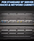 19 inch server rack with installed cable management kit showing horizontal cable raceway and wires organized in slots