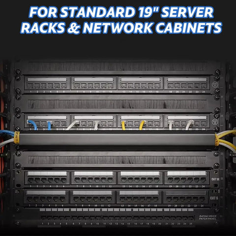 19 inch server rack with installed cable management kit showing horizontal cable raceway and wires organized in slots