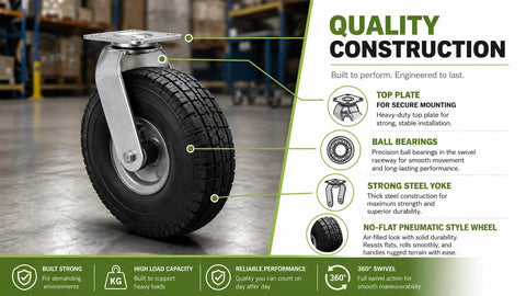 12 Inch Swivel Caster No Flat Pneumatic Wheel Precision Ball Bearings features durable steel yoke and tread design for heavy lifting.