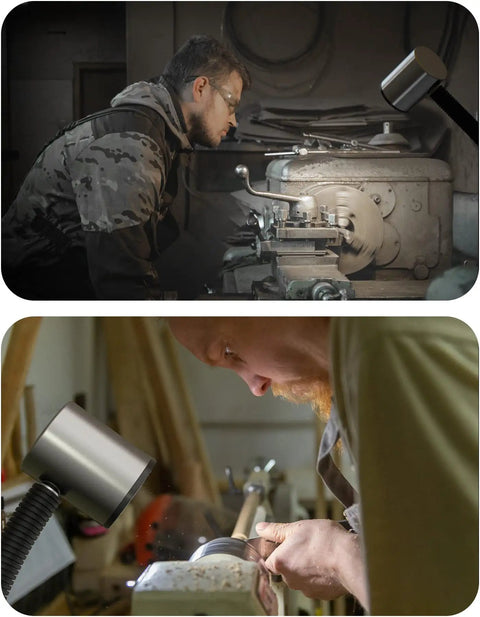 Built Tough LED Work Light With Flexible Gooseneck illuminating lathe and milling machines in workshop settings