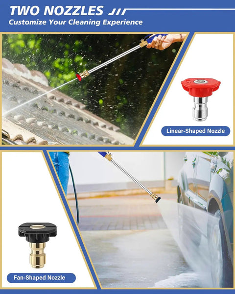 Upgraded 2 In 1 High Pressure Wand Kit for garden hose with two nozzles, linear and fan-shaped, used for roof and car washing.