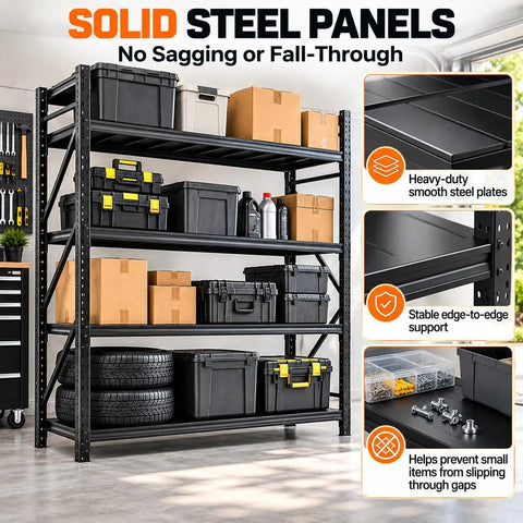 Heavy Duty Garage Shelving Unit Built From Tough Industrial Steel With A Rock Solid 4000 Pound Capacity That Absolutely Nails Storing Bulky Gear And Workshop Equipment, featuring solid steel panels and stacked storage.