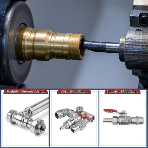 Image of metal hose adapters and stainless fittings, including straight-through, male, and female NPT fittings, used for various applications.