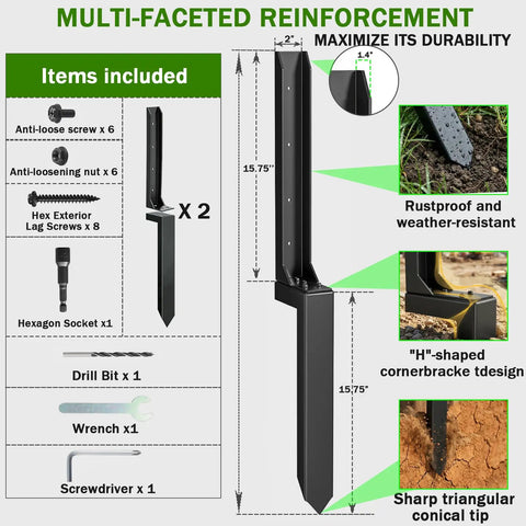 Diagram of Heavy Duty Fence Post Repair Kit 2 Pack Steel Anchor Stakes for 4x4 and 6x6 wood posts highlighting components and installation.