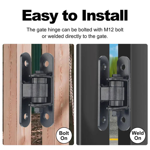 Rock Solid Heavy Duty Bolt On Gate Hinges Featuring Zero Fuss Sealed Bearings For Massive Driveway Gates Holding Up To 1100 Lbs view of bolt on and weld on installation options.