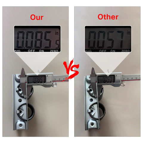 Comparison of Heavy Duty Rocker Recliner Spring Replacement Set Of Two top mount steel thickness measurement, 0.085in vs 0.057in.