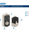 Diagram of Camelot Touch Deadbolt With Keyless Entry showing dimensions and aged bronze finish.