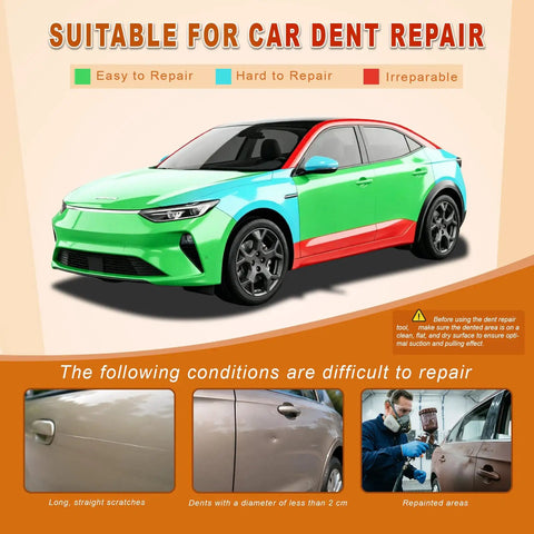 Multi-colored car panels illustrating repair suitability; green for easy, blue for hard, red for irreparable using Dent Puller Kit 3 Pack.