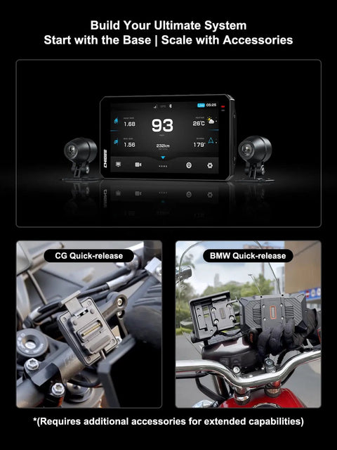 Ride Ready 6 Inch LTE 4G Motorcycle GPS Navigation With CarPlay shown with CG and BMW quick-release mounts