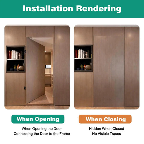 2 Pack 7 Inch Hydraulic Hidden Door Hinge Set With 180 Degree Wide Opening Self Closing Concealed Hinge installation rendering.