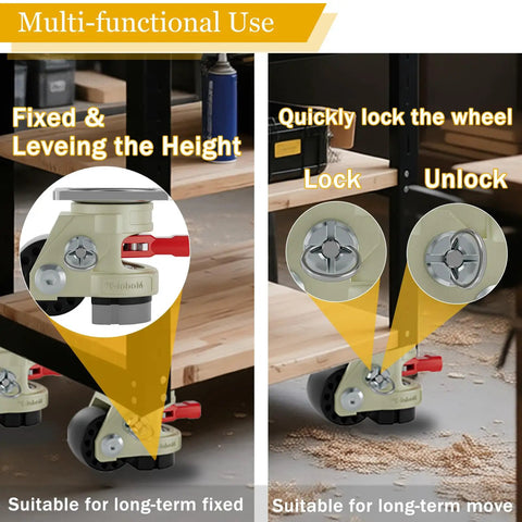 Hella Sturdy Heavy Duty Leveling Casters With Snap Lock Brakes And Smooth Glide Wheels Adjustable Height Shock Resistant Mounts for furniture, locking mechanism shown.
